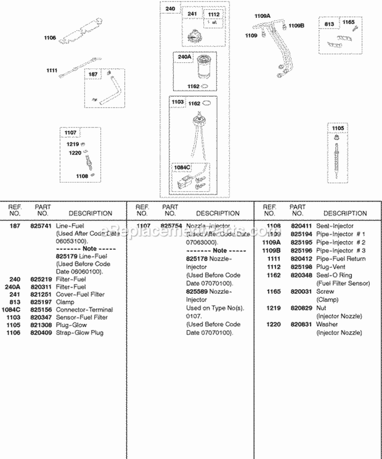Fuel Filter Injector Pipes Glow Plugs Diagram and Parts List for 522447-0105-E2  Briggs and Stratton Engine